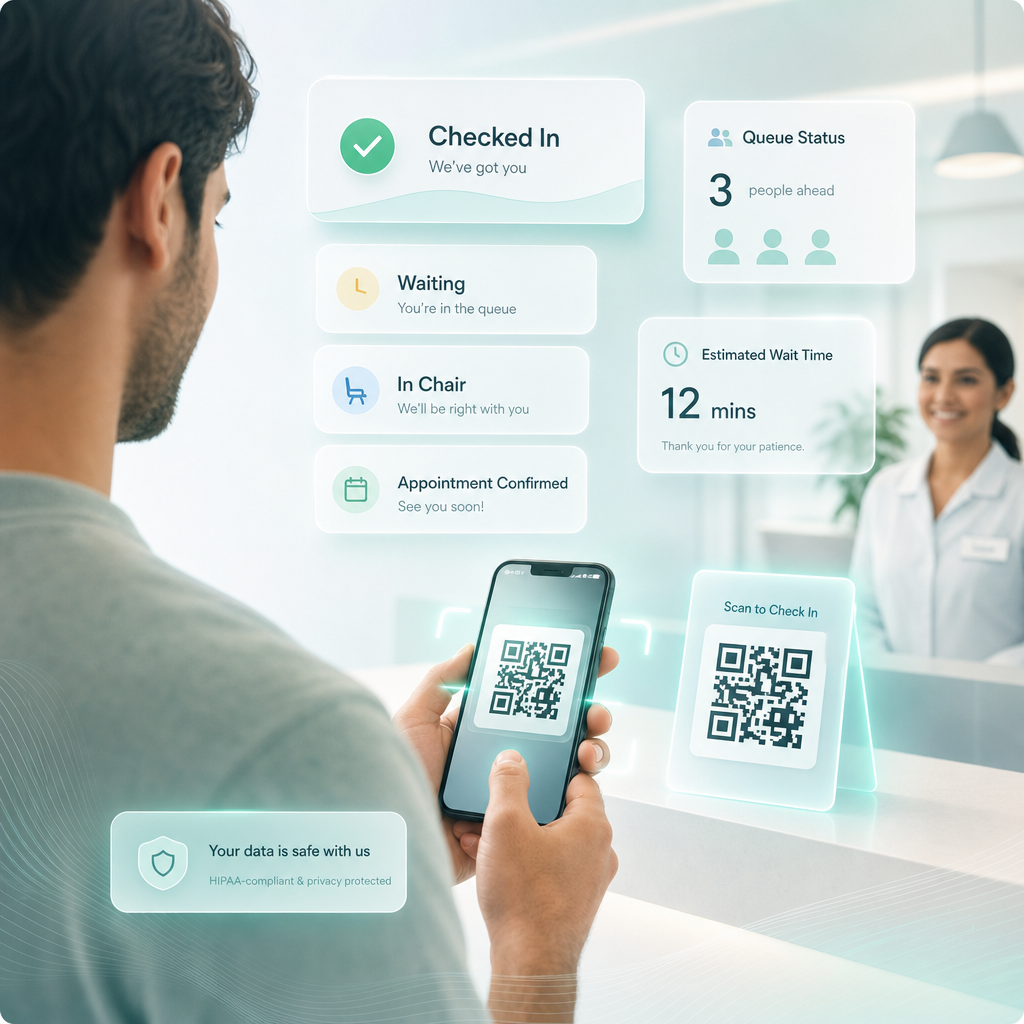 Contactless QR check-in using clinic management software India with patient management system and healthcare CRM software for seamless clinic automation
