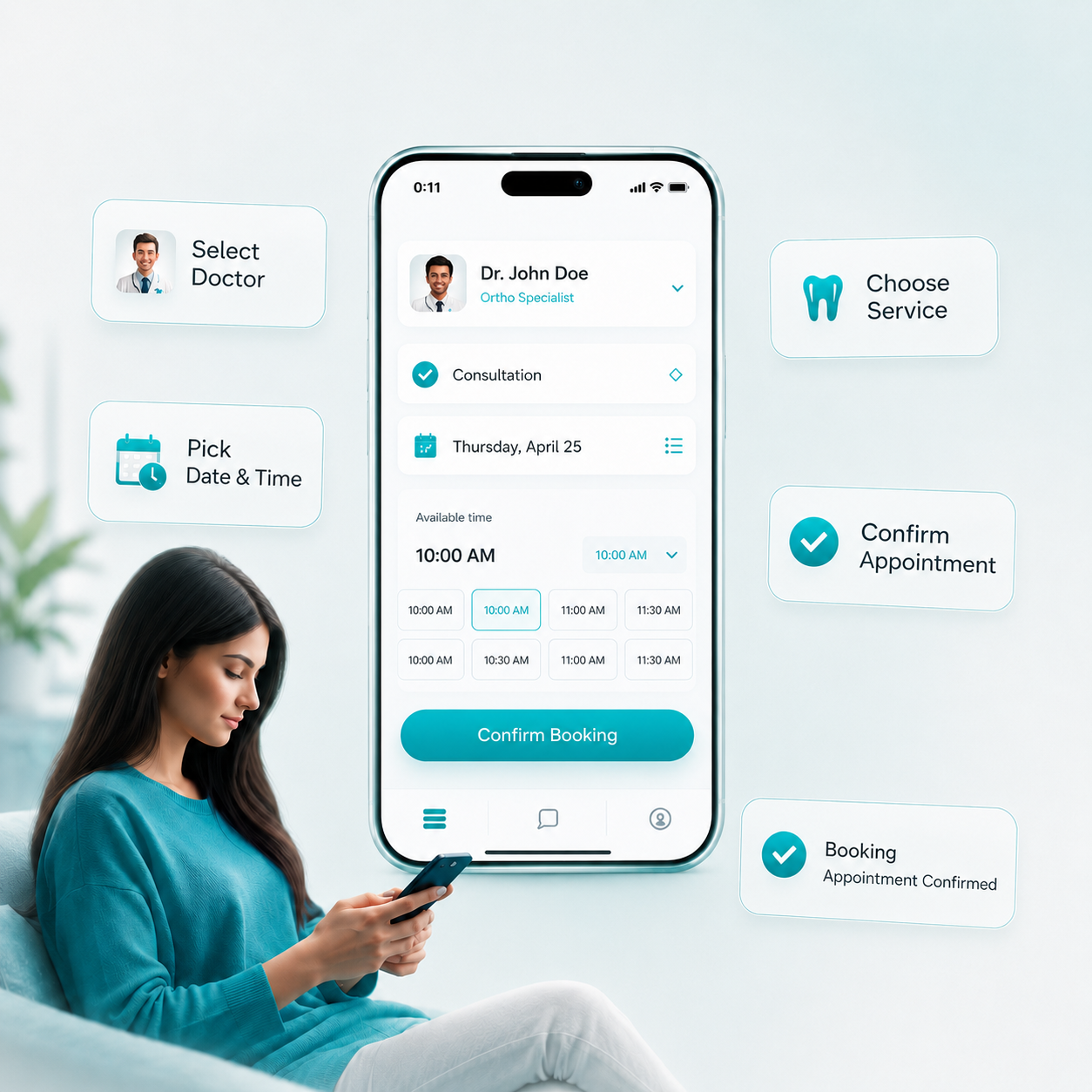 Patient online appointment booking system with doctor selection, service selection, appointment scheduling, and booking confirmation workflow
