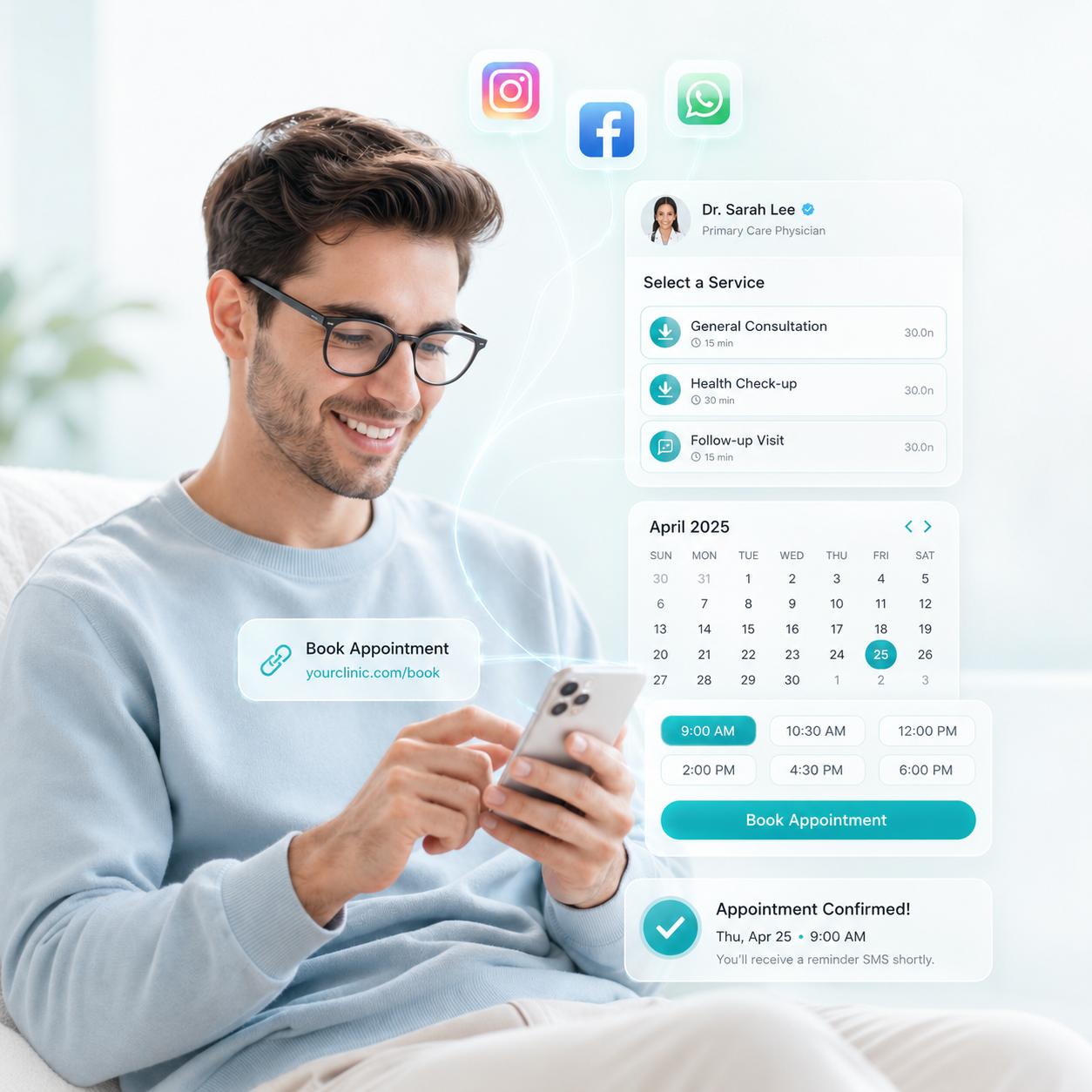 Automated appointment booking system integrated with WhatsApp and social media for patient scheduling and confirmations