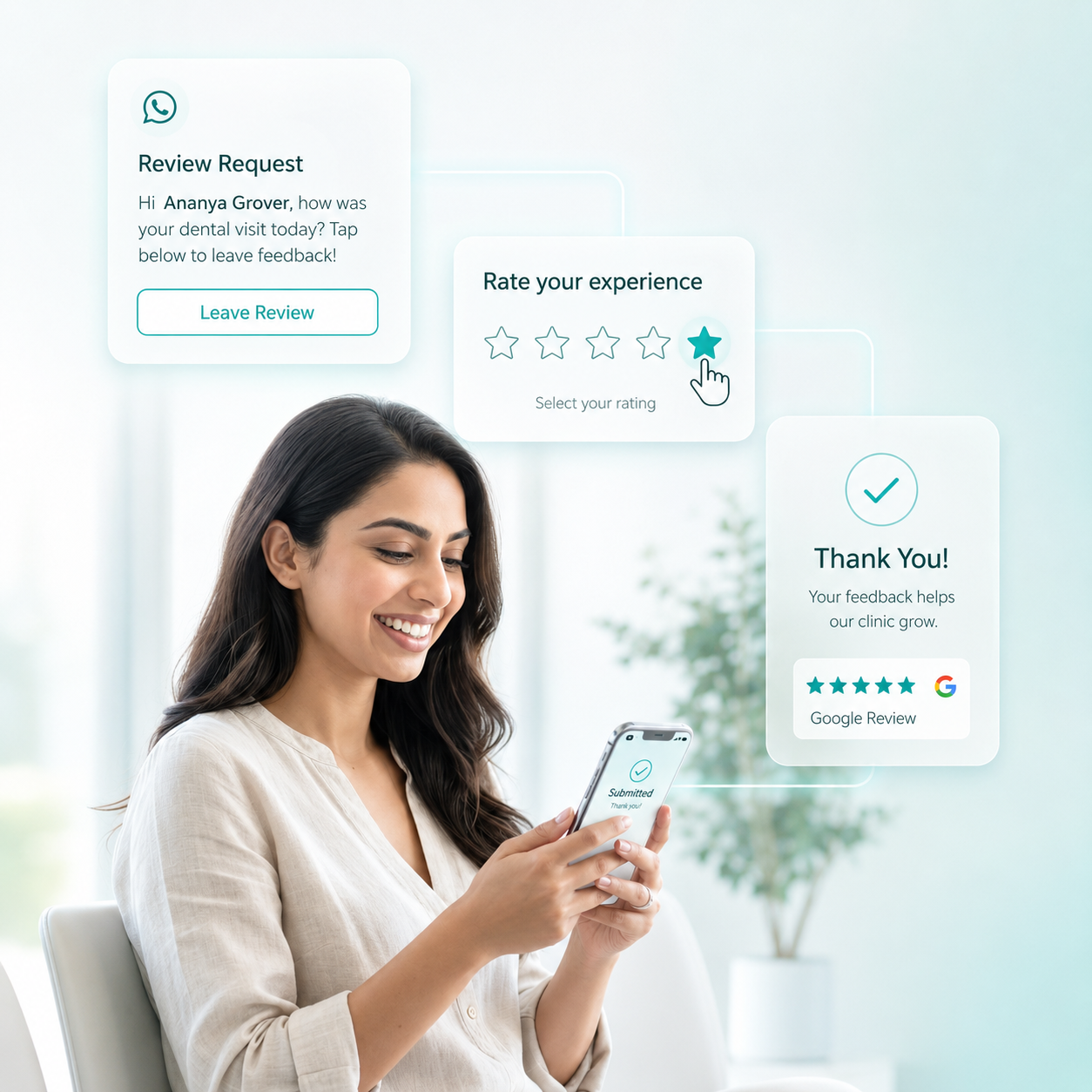 Patient submitting Google review via mobile using healthcare CRM software for patient engagement and online reputation management
