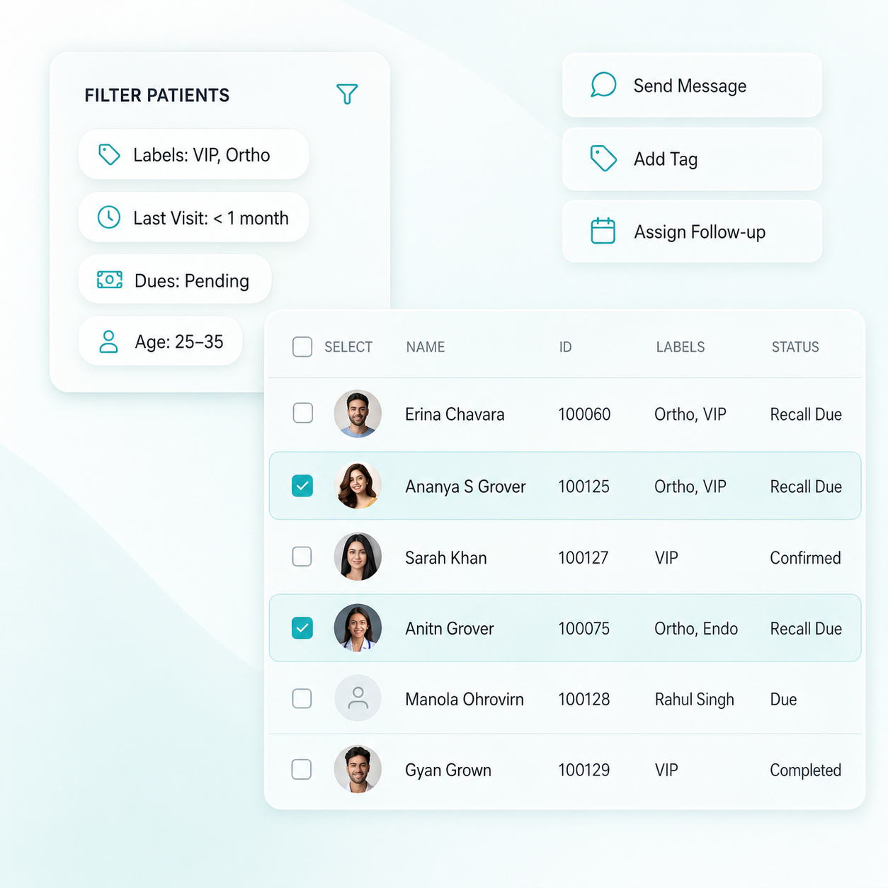 clinic management software India patient CRM system with filters, labels, appointment tracking and patient management system dashboard