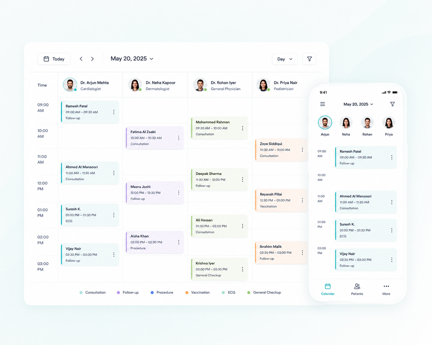 Multi-provider calendar view in hospital management software India displaying doctor schedules and mobile access in doctor management software dashboard