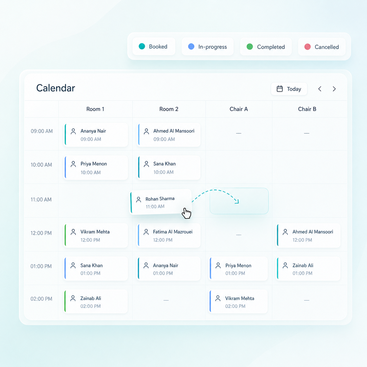 Smart scheduling calendar interface in clinic management software India showing drag-and-drop appointments and real-time availability for appointment scheduling software India