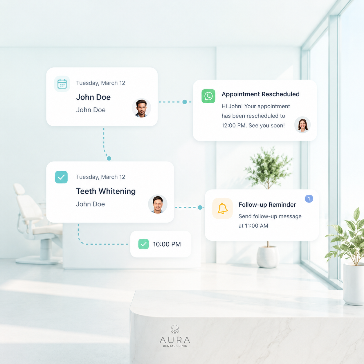 Clinic appointment workflow with rescheduling and follow-up reminders.