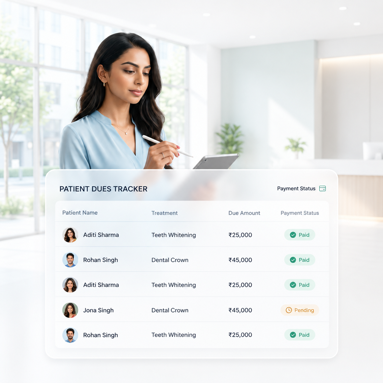 Patient dues tracking system in patient management system showing treatment costs, pending payments, and billing overview