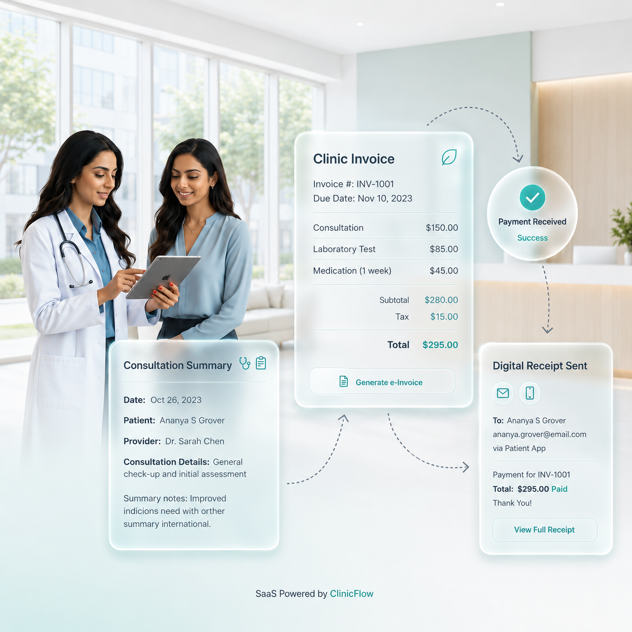 Digital clinic billing workflow in healthcare CRM software showing invoice generation, payment confirmation, and receipt automation