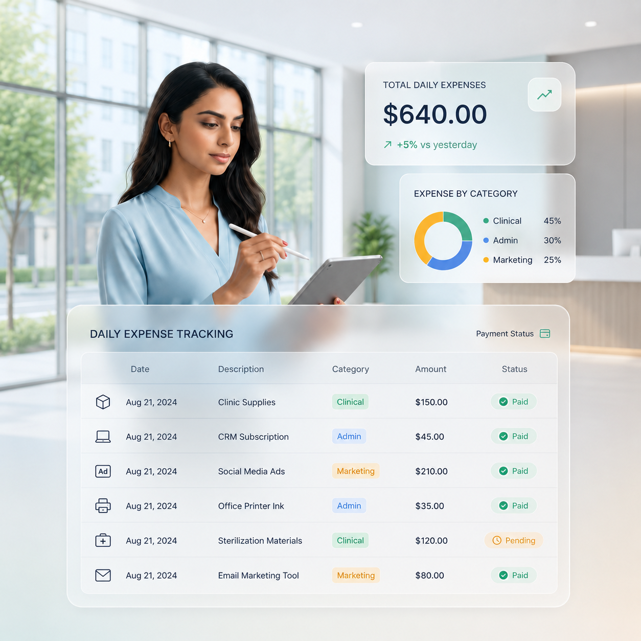 Daily expense tracking dashboard in medical practice management software India with categorized clinic expenses and analytics