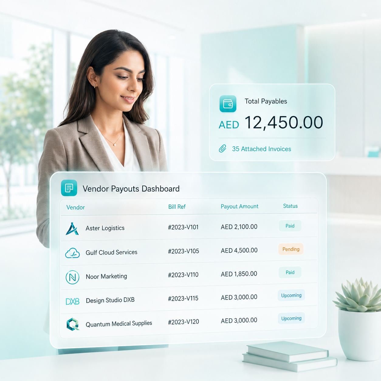 Vendor payout and billing dashboard in hospital management software India with invoice tracking, payables, and payment status