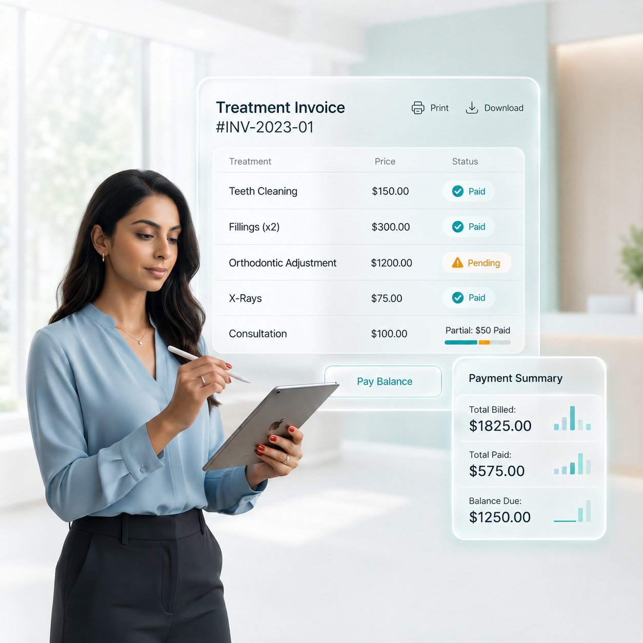 Treatment invoice and billing summary in clinic billing software India with partial payments, payment tracking, and balance due