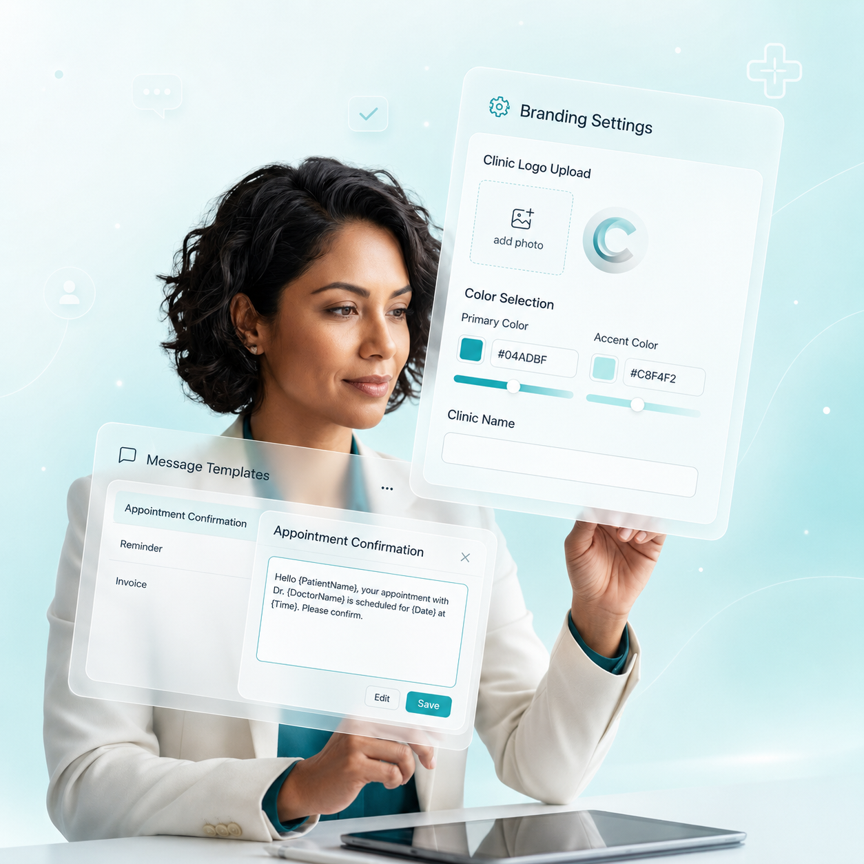 Clinic branding and communication settings in healthcare CRM software with message templates, appointment confirmations, and customization tools