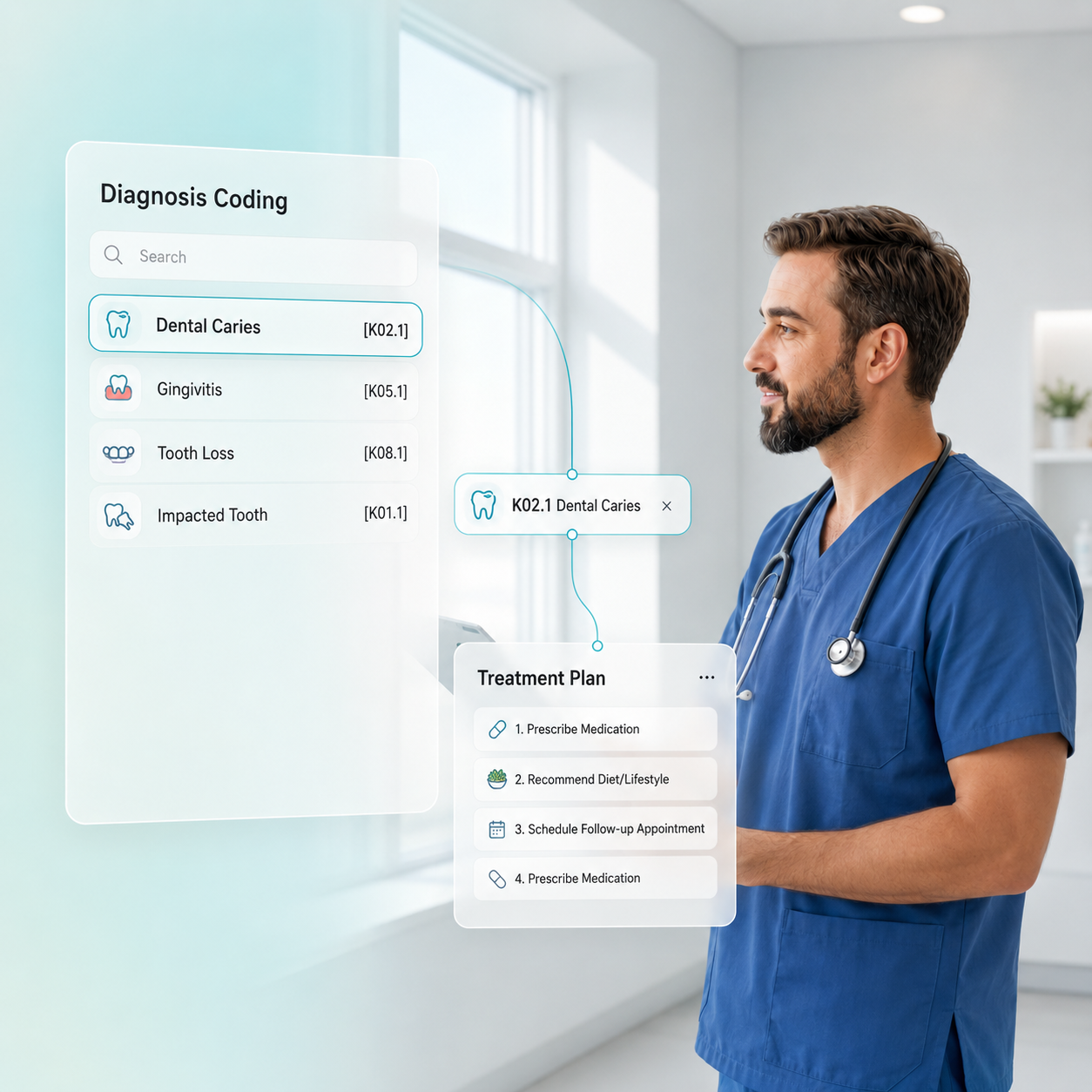 Diagnosis coding dashboard in dental EMR software with ICD codes, treatment planning, and patient diagnosis tracking