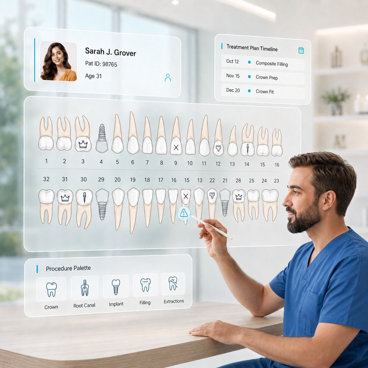 Dental charting interface in dental clinic management software India showing tooth-level treatment mapping, implants, and clinical history tracking
