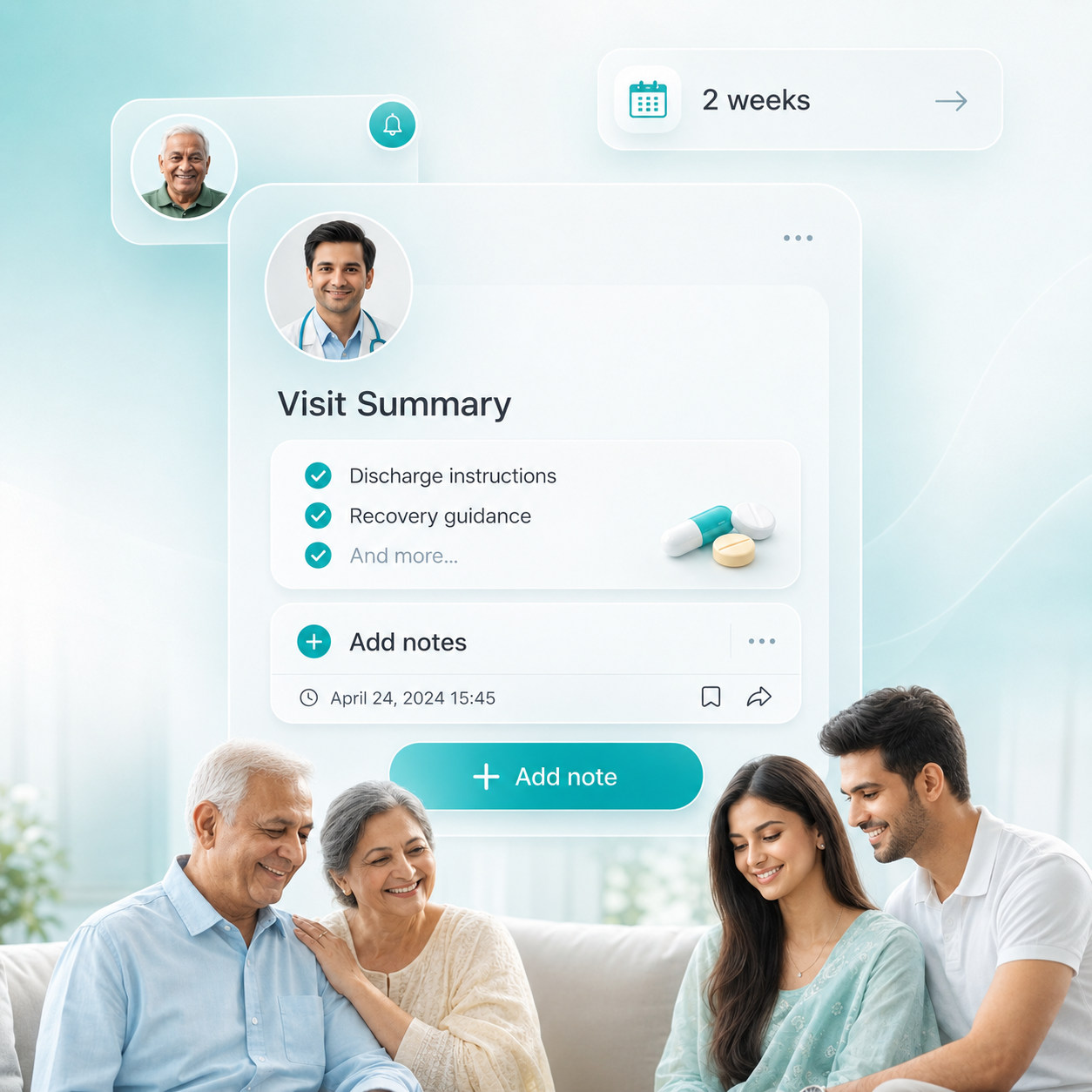 Patient visit summary with discharge instructions and recovery guidance in clinic management system