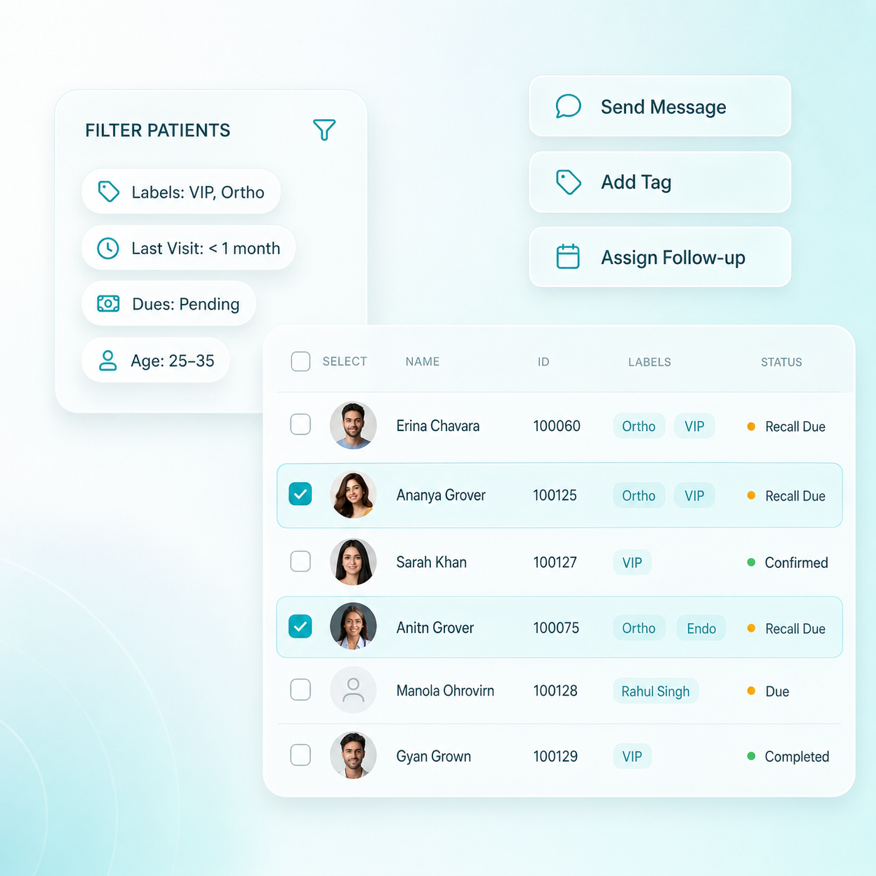 Patient CRM dashboard for filtering patients by tags, visit history, dues, and assigning follow-up campaigns and messages