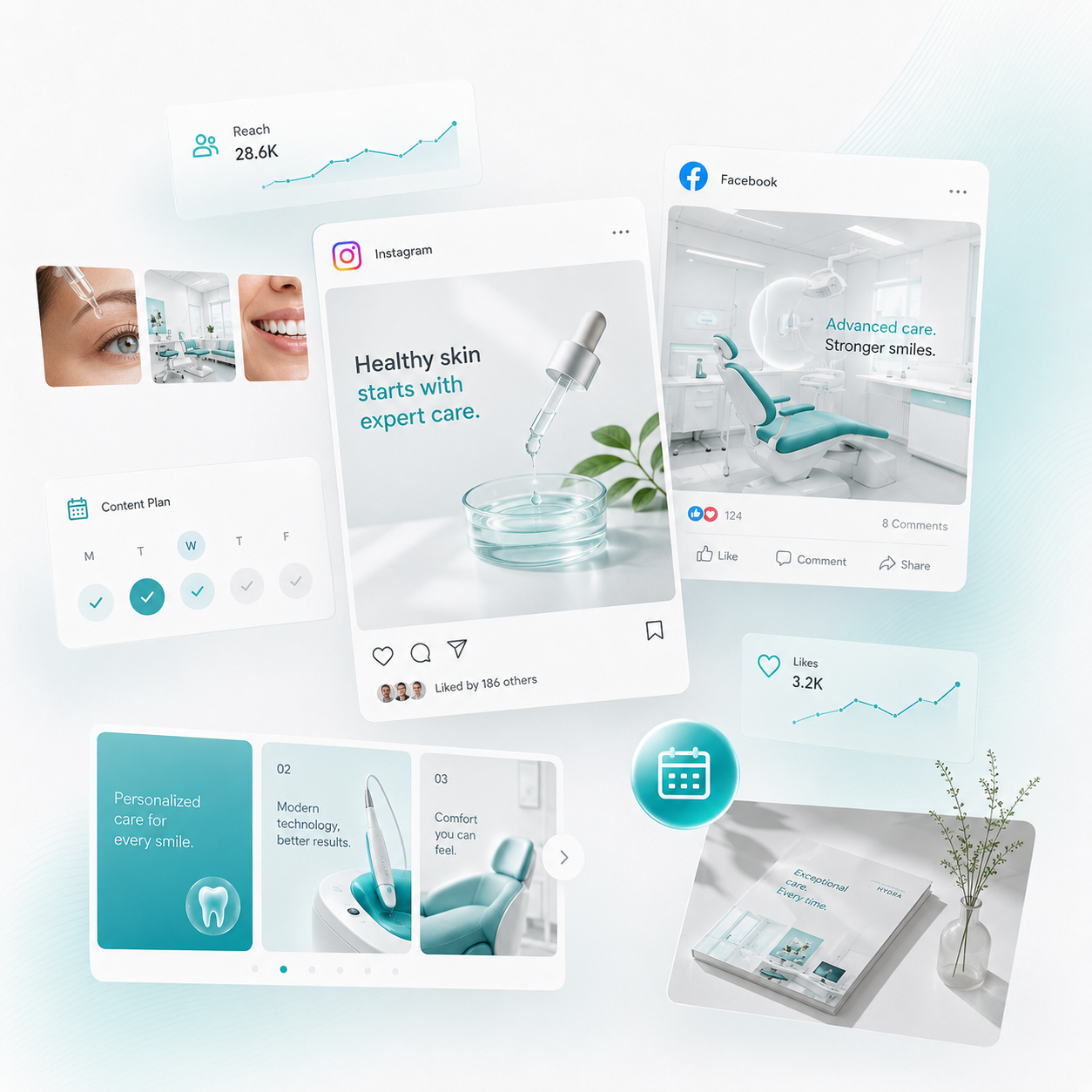 Digital marketing dashboard for clinics showing social media content planning, Instagram and Facebook campaigns, engagement metrics, and patient reach analytics