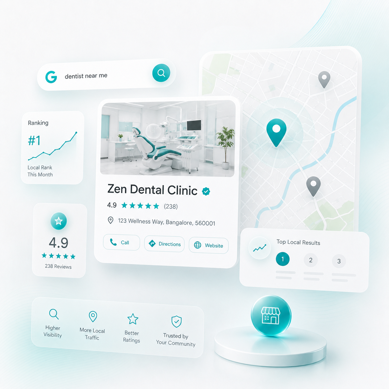 Local SEO dashboard displaying Google search rankings, dental clinic reviews, local map visibility, and patient discovery metrics