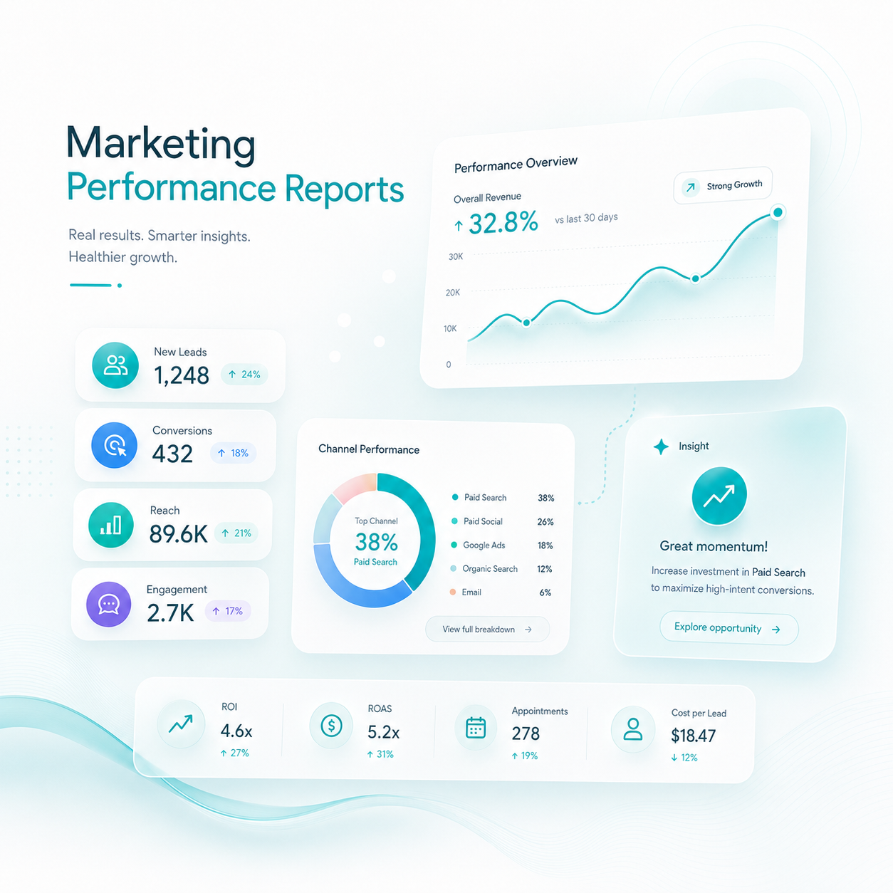 Clinic marketing performance dashboard showing lead generation, conversions, reach, engagement, ROI, ROAS, appointments, and cost-per-lead analytics