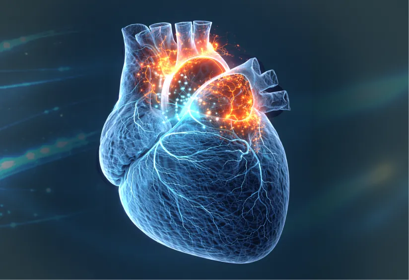 Digital illustration of a human heart with glowing orange nodes and blue neural network-like patterns.