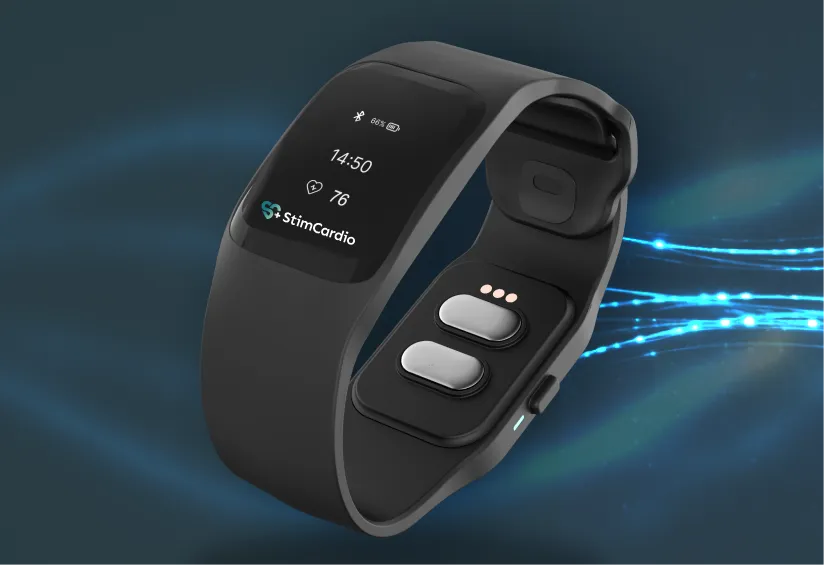 Black fitness smartwatch displaying time, heart rate, and Bluetooth status with two metal sensors on the band.