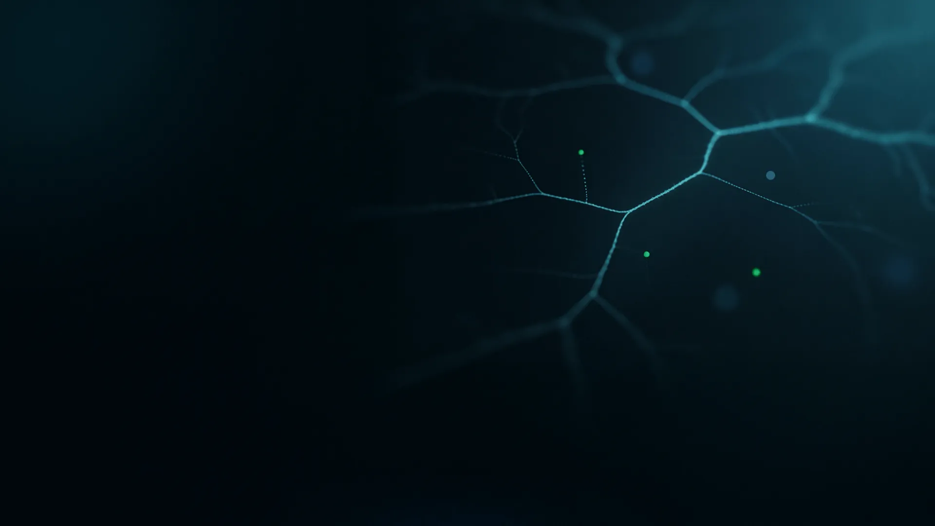 Abstract dark background with glowing blue neural network branches and scattered green dots.