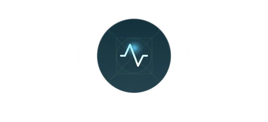 Blue circle with white heartbeat line icon in the center surrounded by concentric white curved lines on a black background.