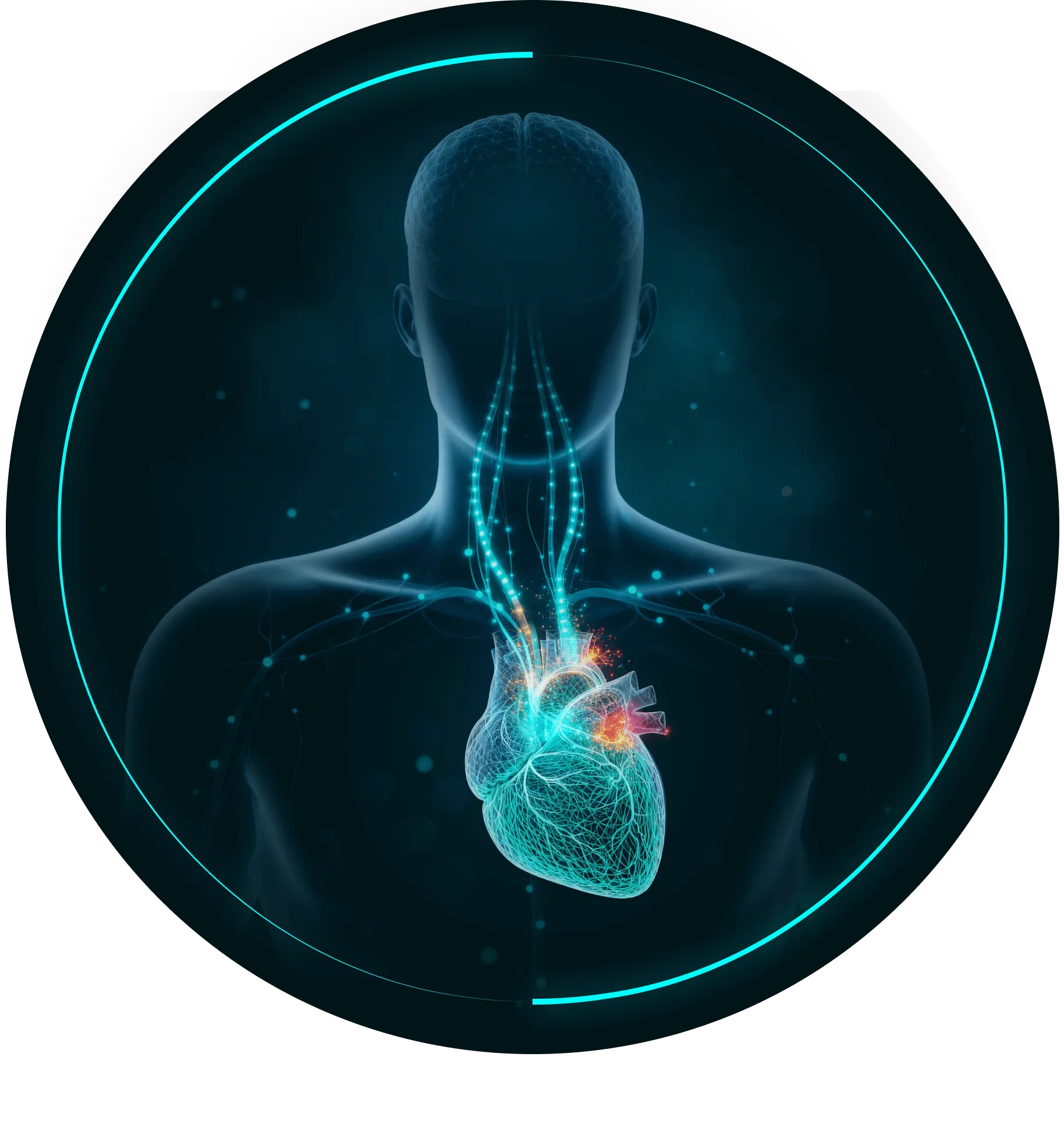 Digital illustration of a human upper body highlighting the heart with glowing neural connections extending to the brain.