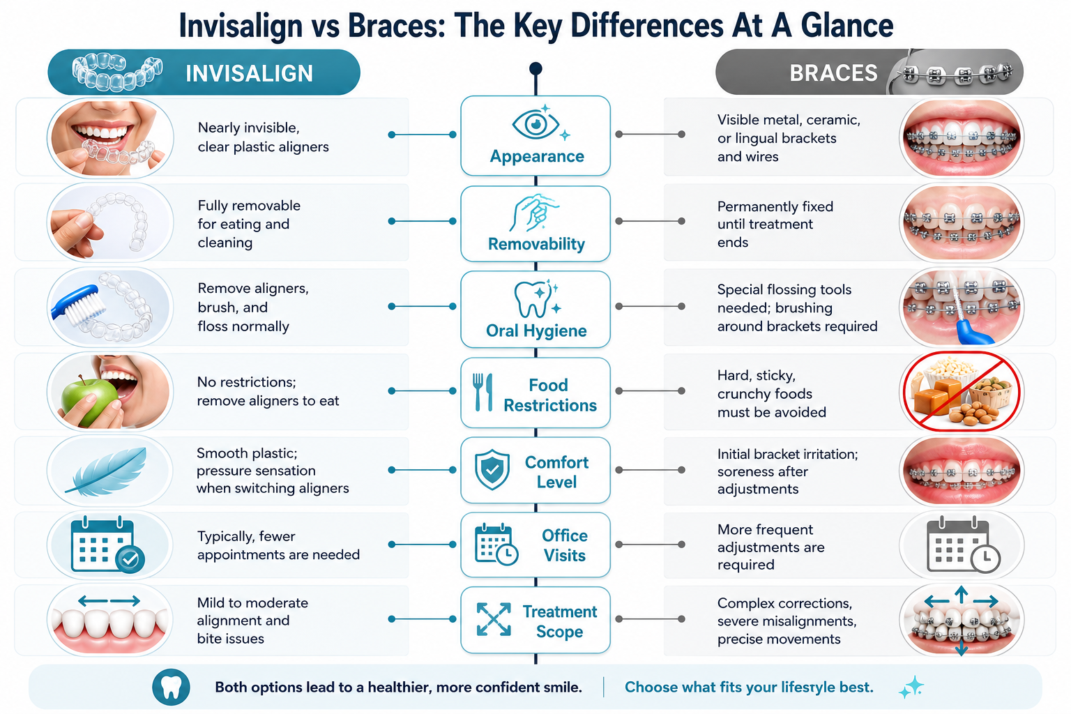 a side by side info graphic comparison on invisalign vs. braces