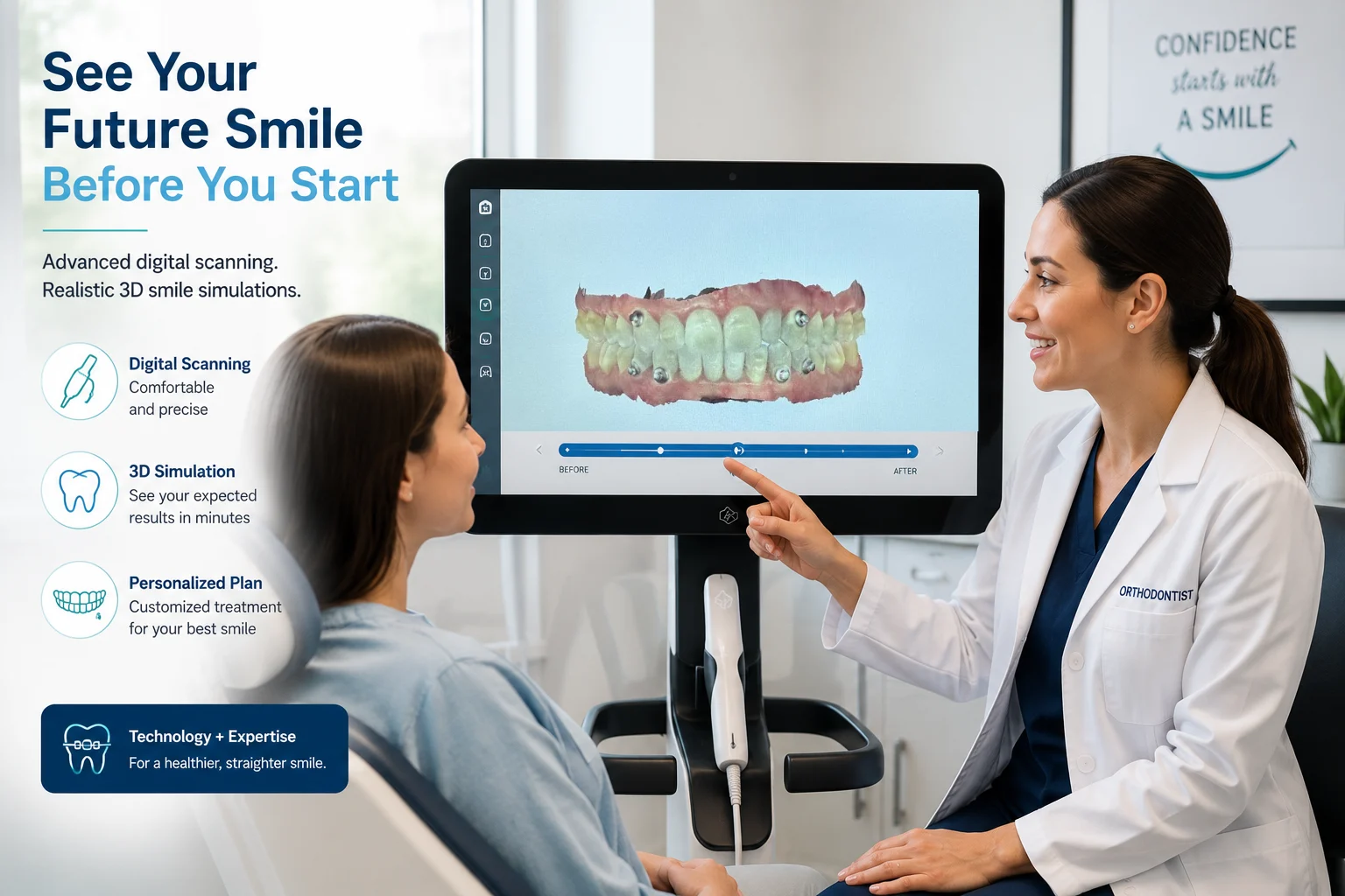 Orthodontist showing a digital 3D smile simulation to a patient in a modern dental clinic