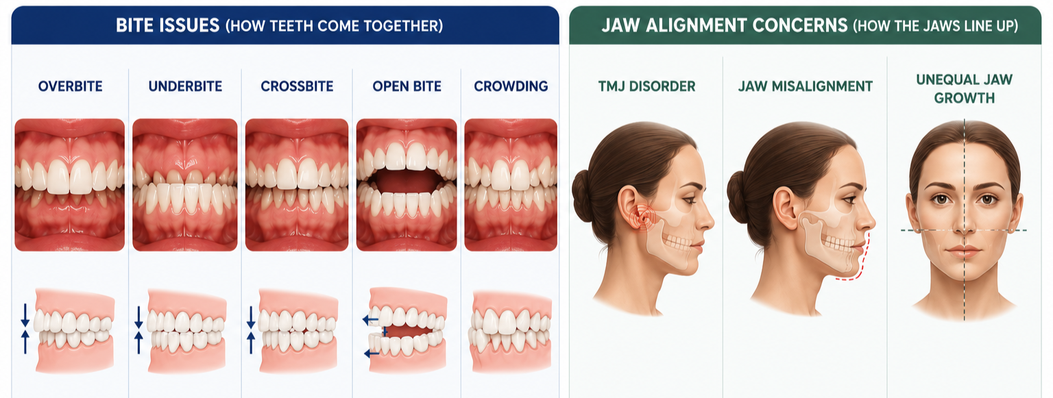 Infographic showing bite issues and jaw alignment concerns with labeled dental conditions and minimal text.