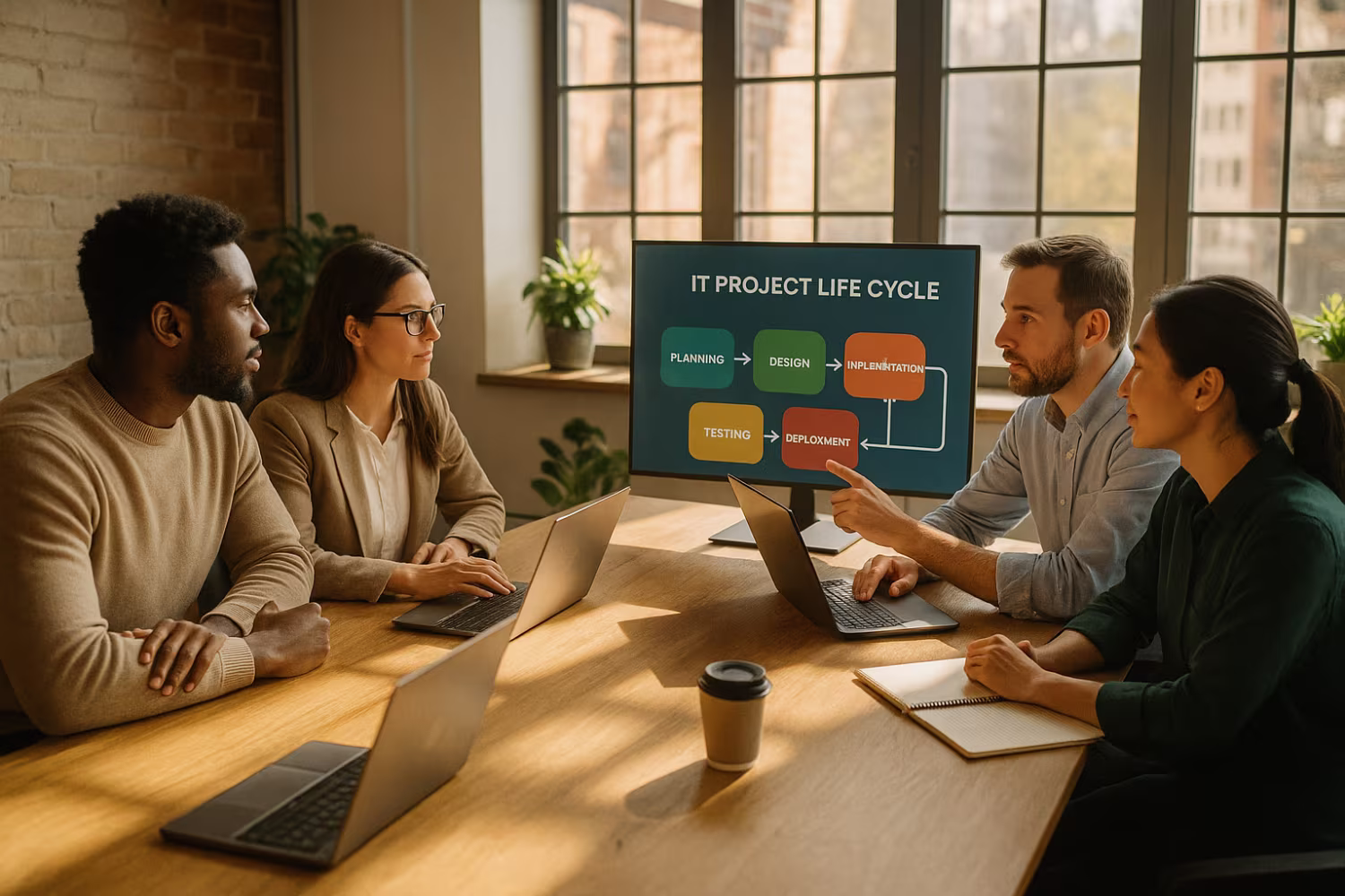 Diverse team collaborating on IT project life cycle