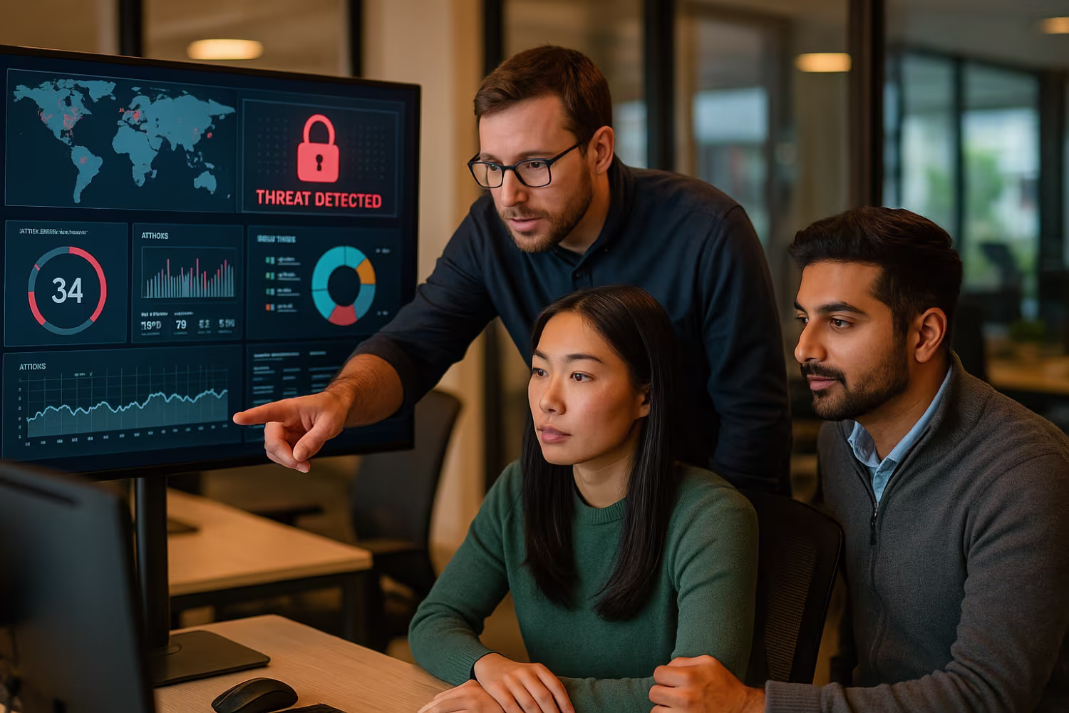 Diverse IT team analyzing cybersecurity threats