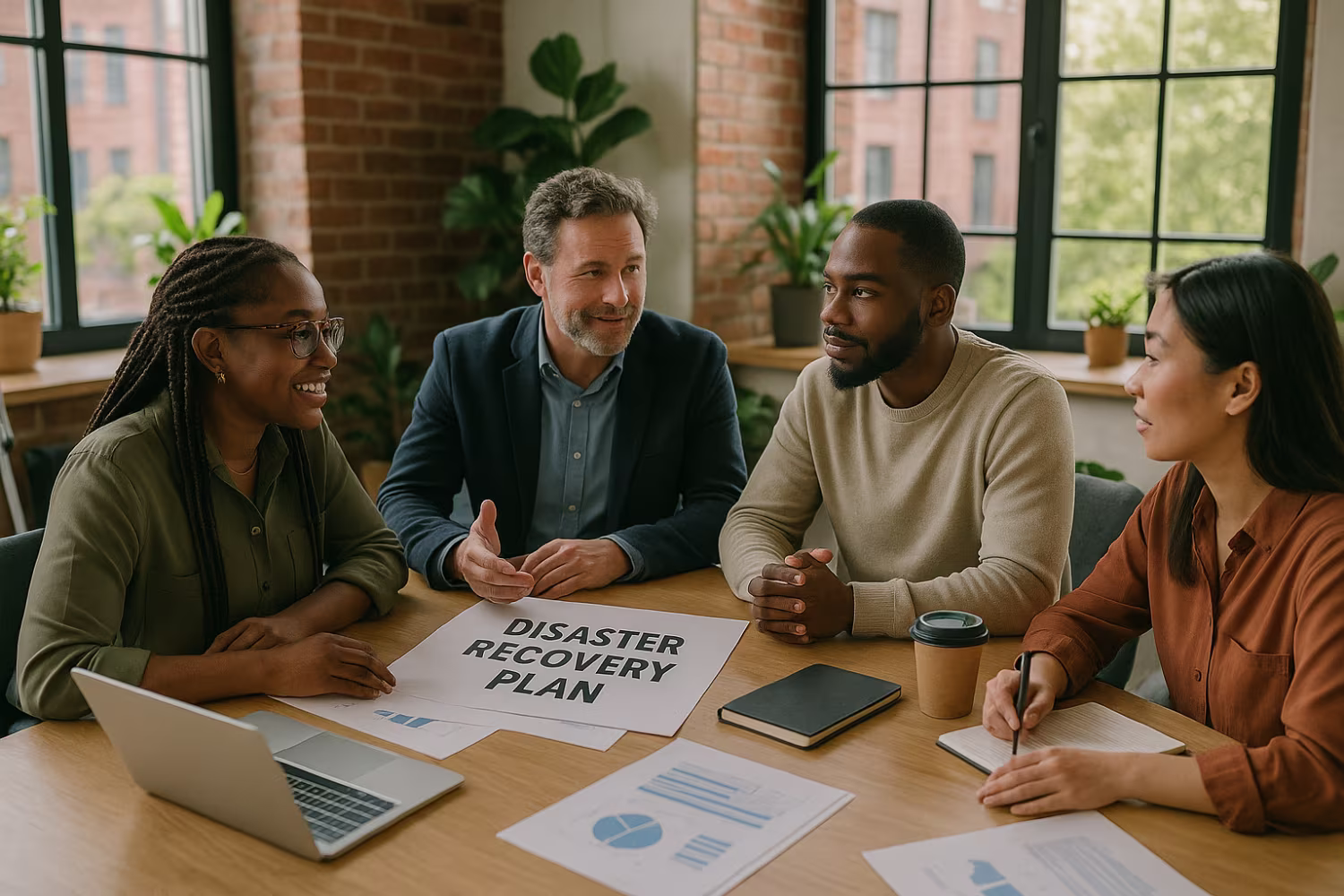 Diverse team discussing IT disaster recovery plan