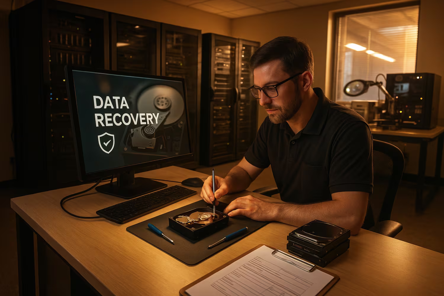 Low-angle view of modern data recovery center