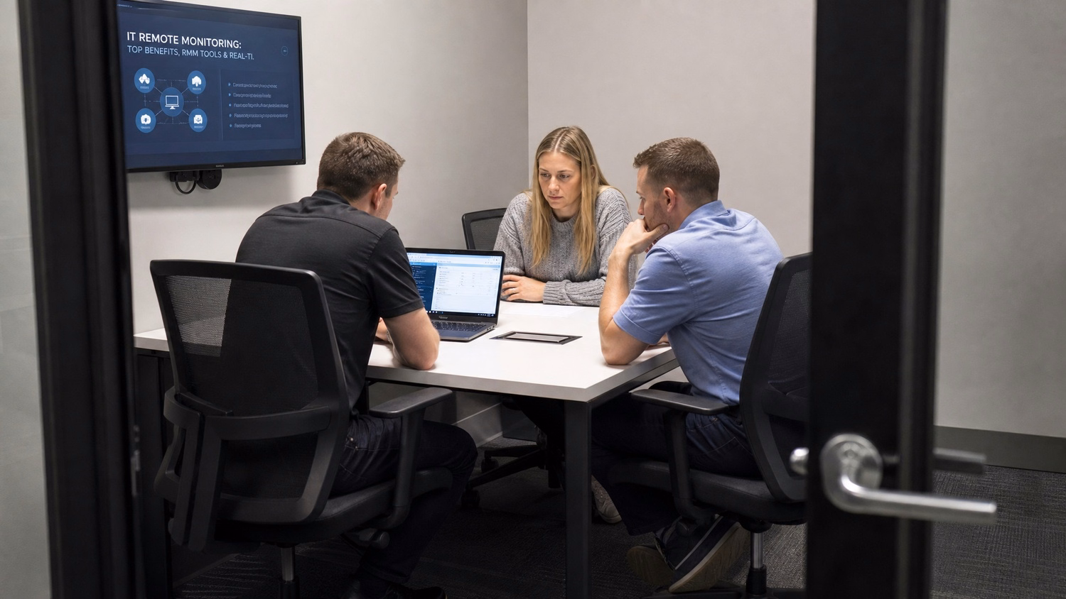 SMALL CONFERENCE ROOM An IT professional three people seated around a small