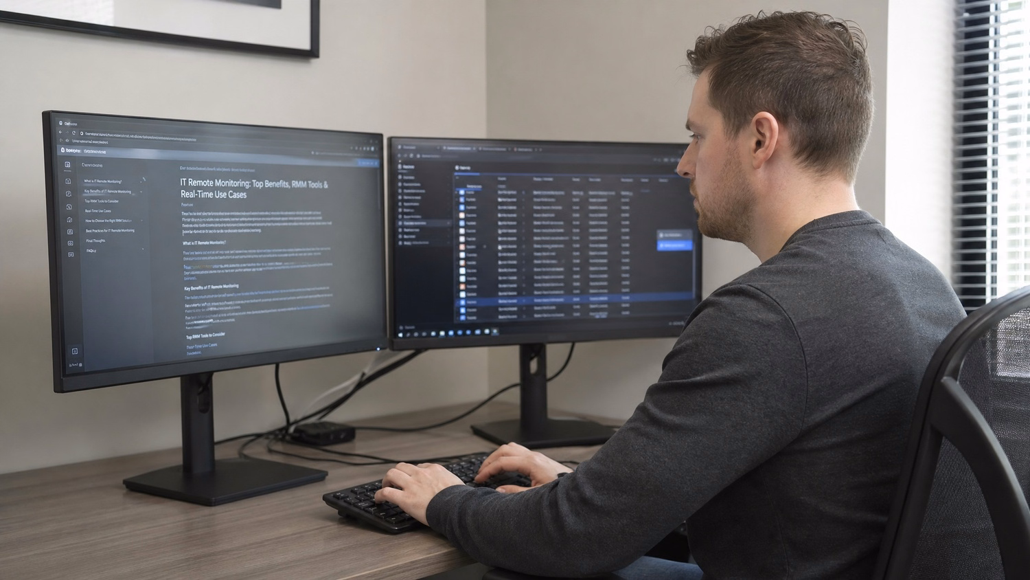 DUAL MONITOR DESK An IT professional one person at a corner desk with two la