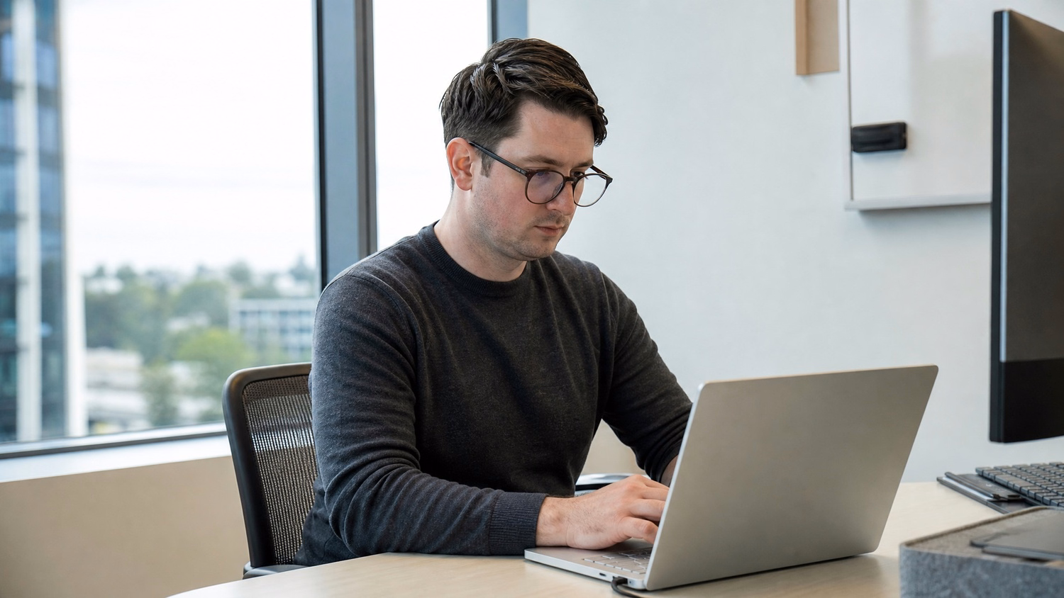 WINDOW SEAT LAPTOP An IT professional one person working on a laptop at a de