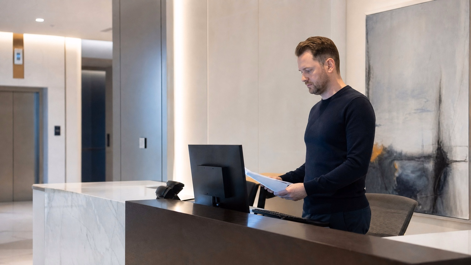 RECEPTION AREA An IT professional one person standing at a front reception d