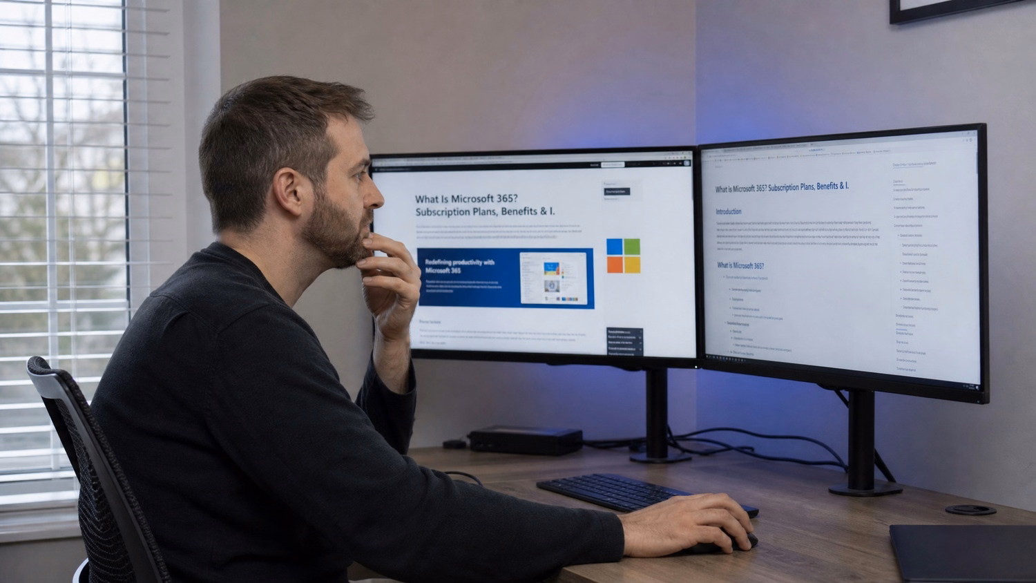 DUAL MONITOR DESK An IT professional one person at a corner desk with two la