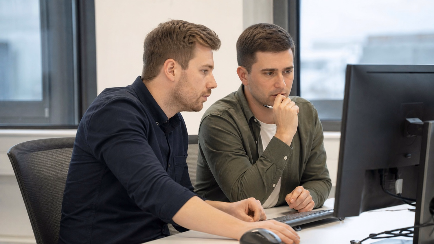 SIDE-BY-SIDE PAIR An IT professional two people seated side by side reviewin