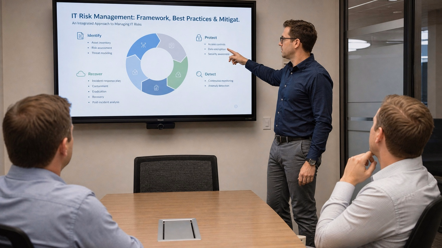 PRESENTATION SCREEN An IT professional one person standing beside a large wa