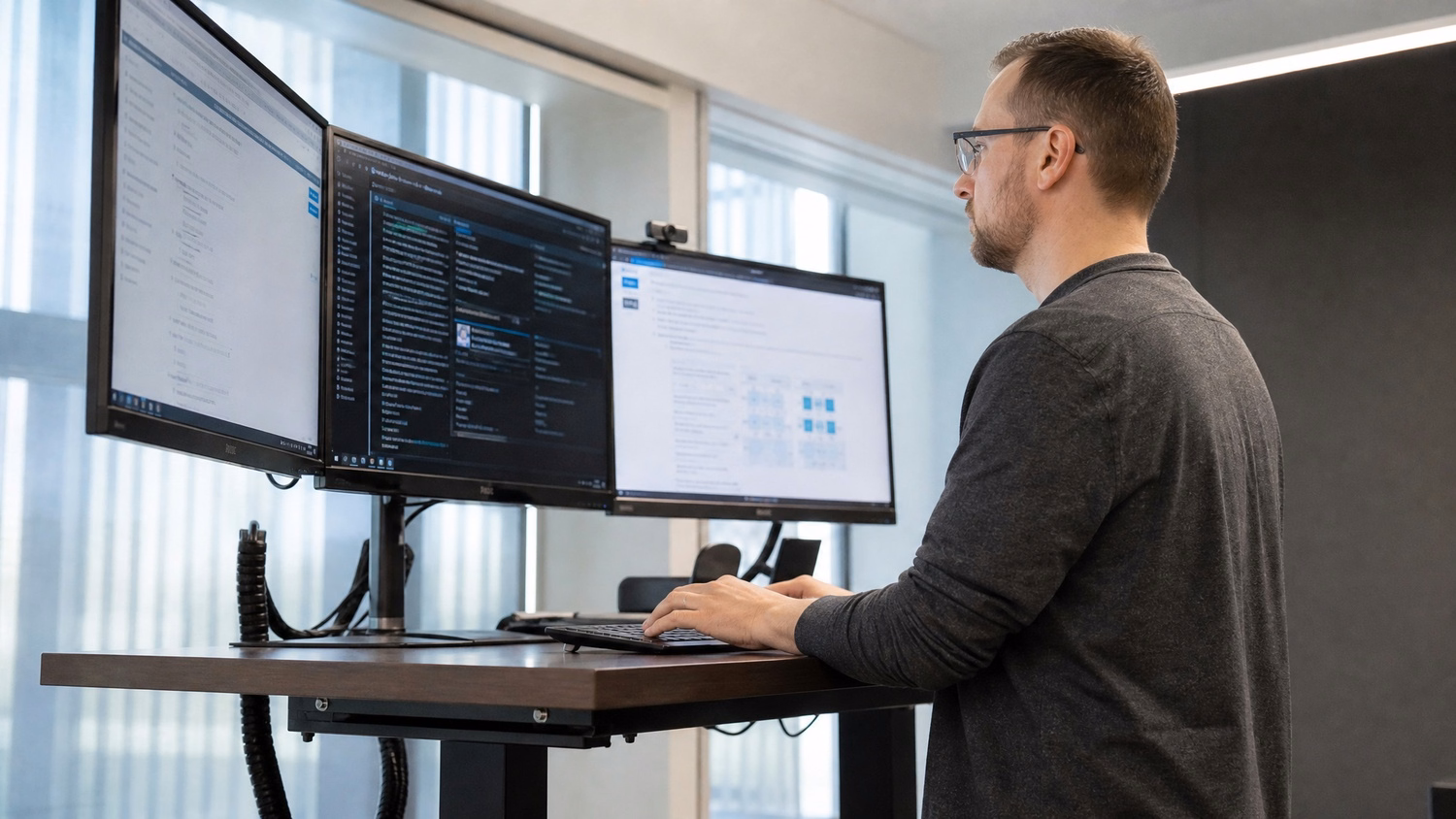 STANDING DESK An IT professional one person standing at a height-adjustable