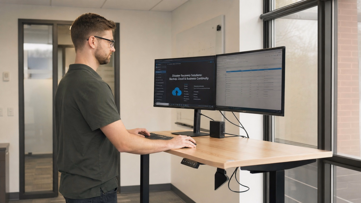STANDING DESK An IT professional one person standing at a height-adjustable