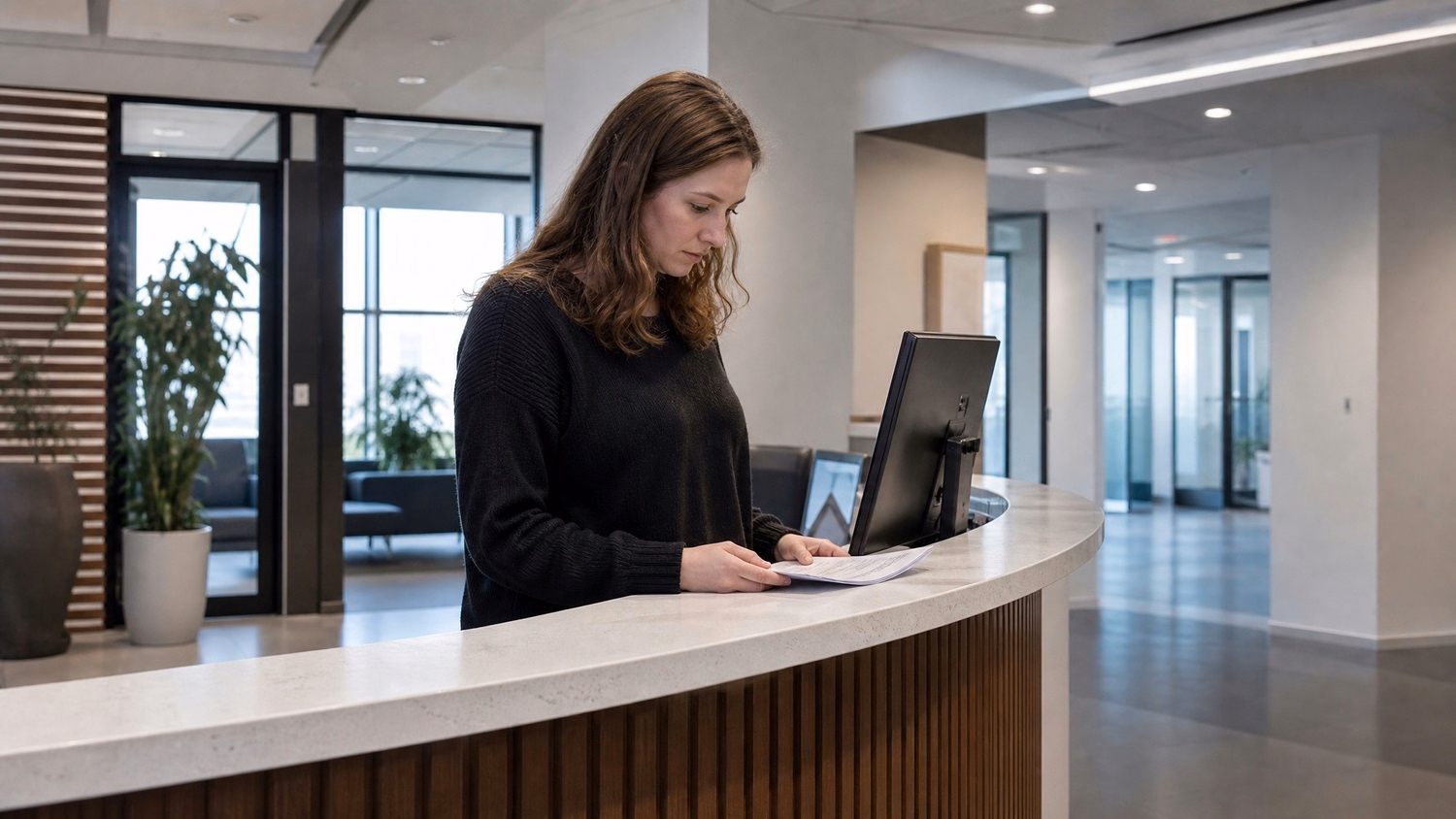 RECEPTION AREA An IT professional one person standing at a front reception d