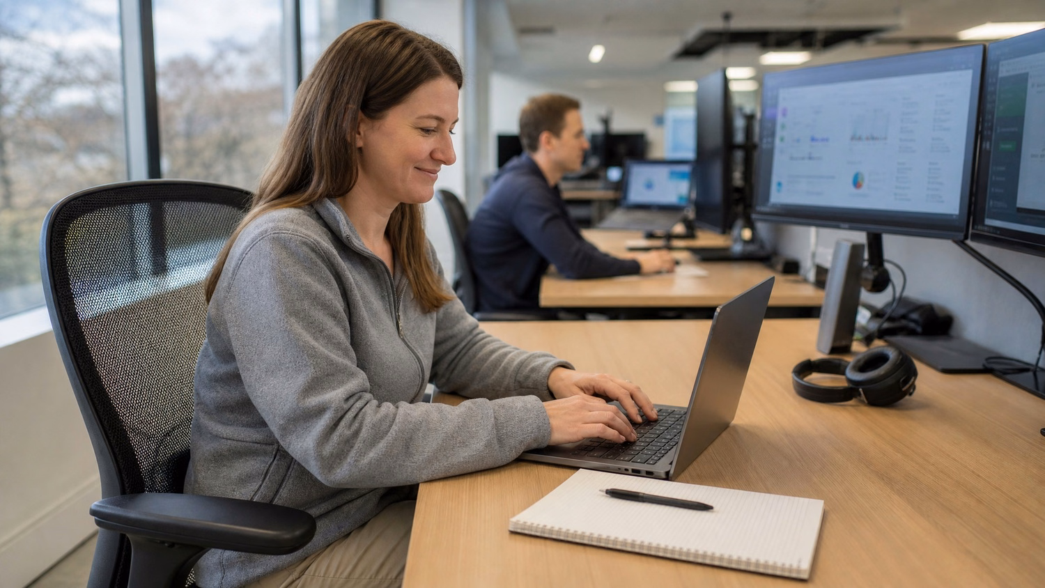 Woman working on laptop beside window, natural light