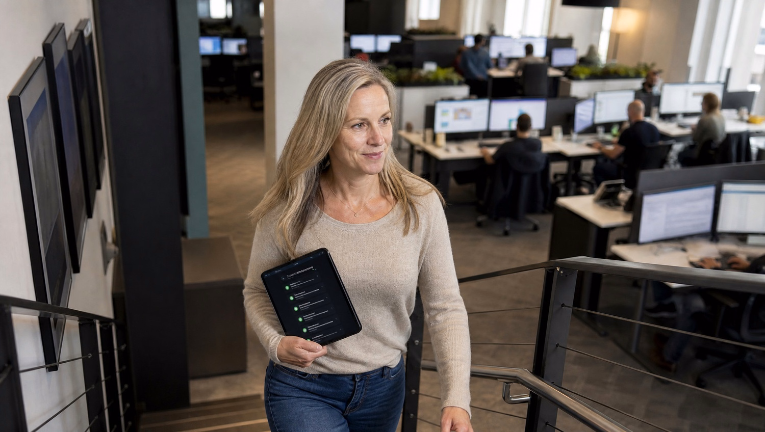 Woman with tablet in office stairwell reviews security alerts