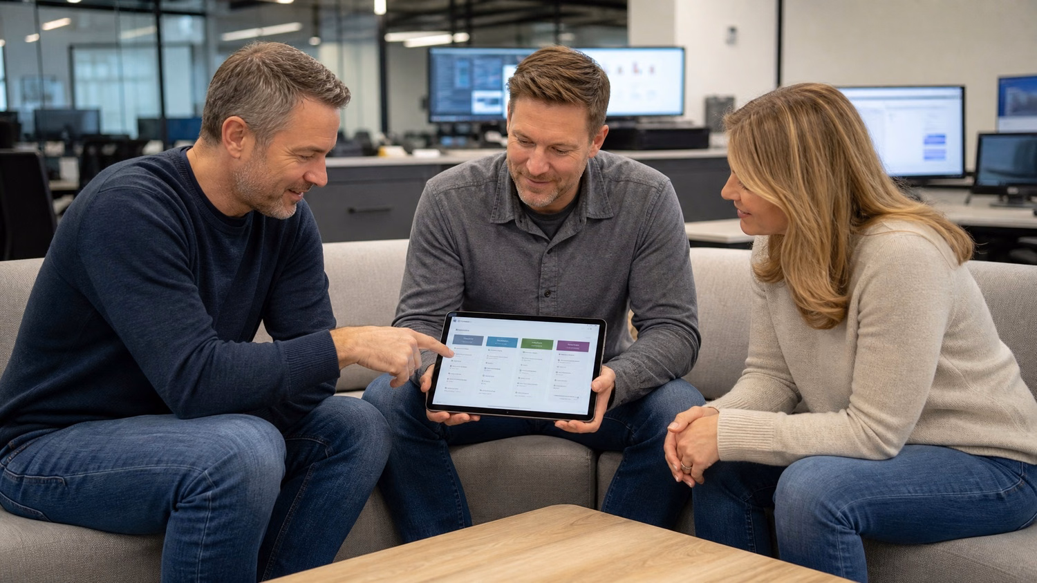 Business team discusses antivirus software licensing on sofa 69 chars