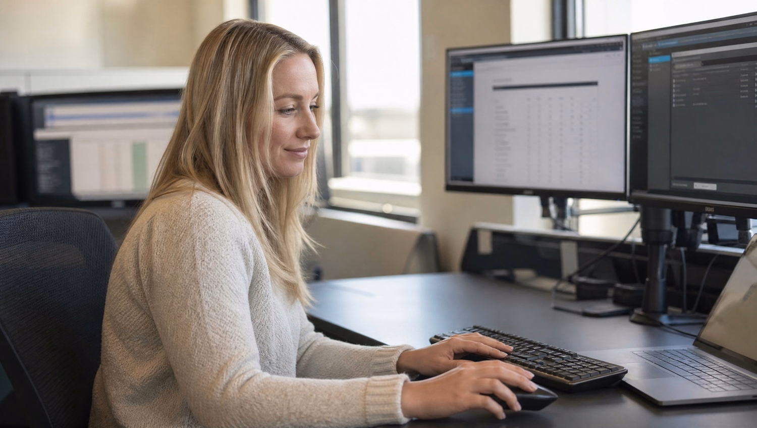 Woman configuring antivirus auto-updates on desk