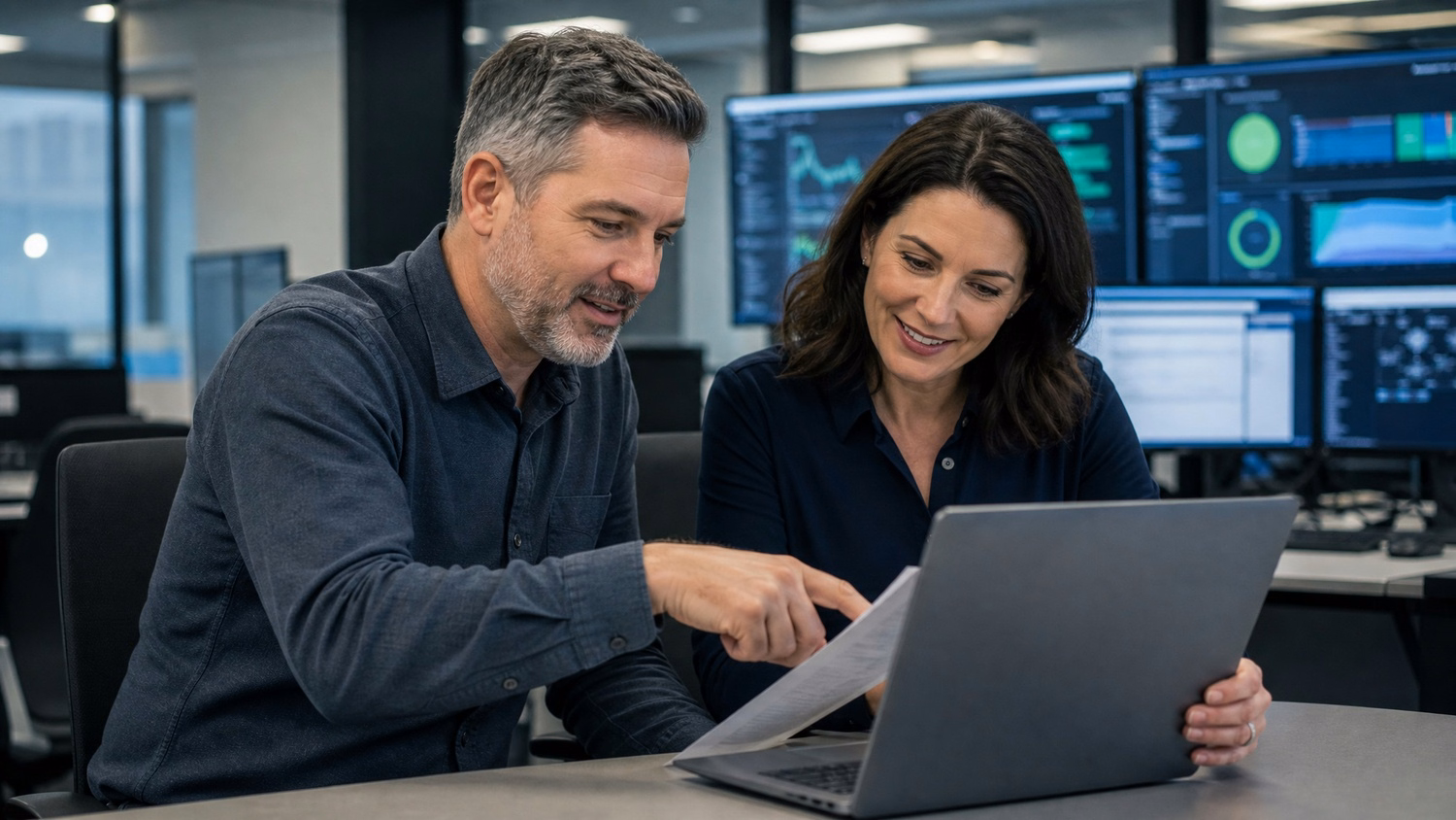 Two IT technicians reviewing laptop screen and printout 66