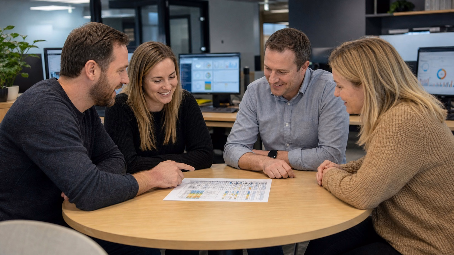 IT professionals collaborate around a modern office table