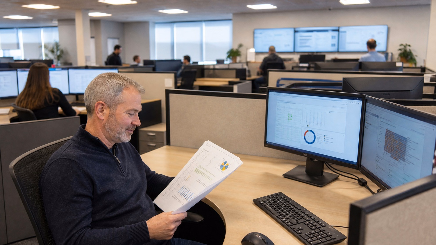 Man reviews IT assessment report in cubicle office